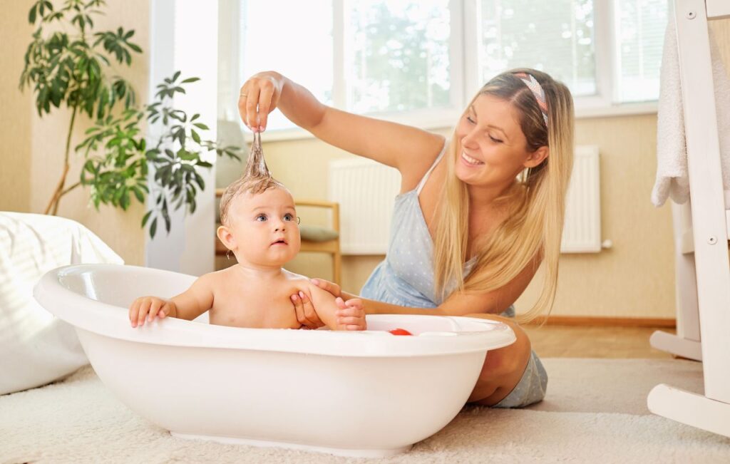 Mom washing baby's hair